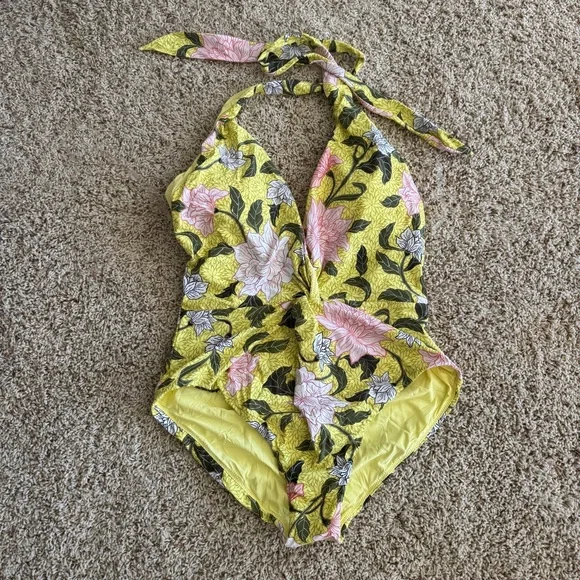 Seafolly Yellow Floral Plunge Halter NWT Size 12 - Picture 7 of 9